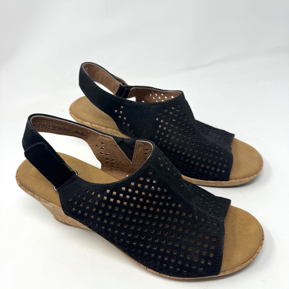 Rockport Wedge Sandals Women 9.5 Black Suede Perforated Slingback Cork Boho Chic